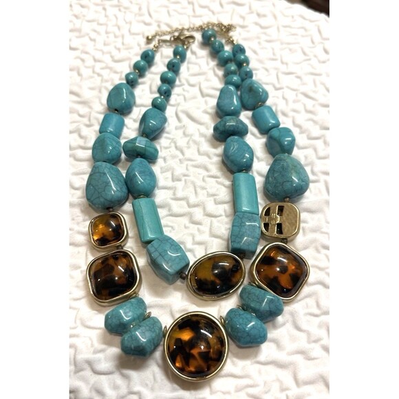chicos necklace Southwestern Boho chic Turquoise faux Tiger’s Eye Chunky Beads - Picture 16 of 16